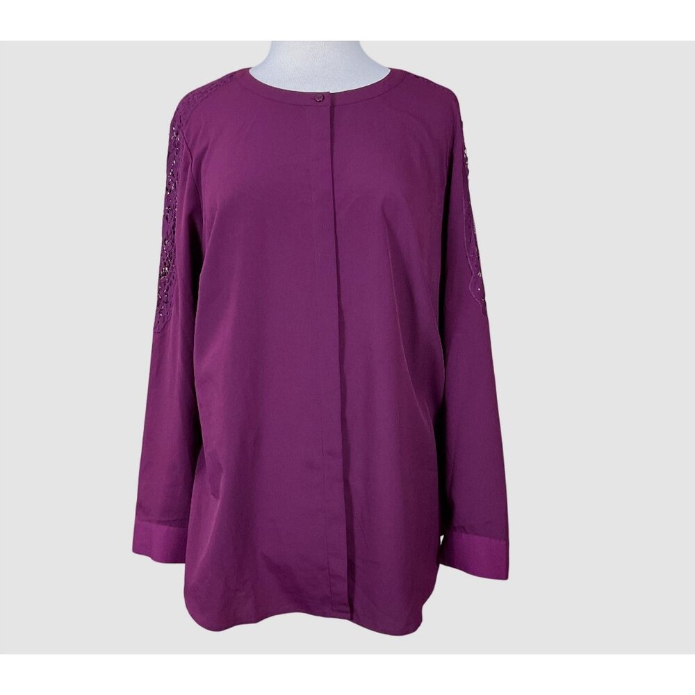 Talbots Lace Inset Long Sleeve Hidden Button Front Deep Wine Colored Blouse 1X
